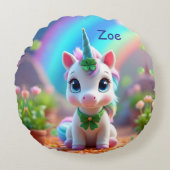 かわいいベビーユニコーンとレインボー、女の子 ラウンドクッション (正面)