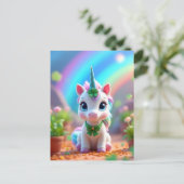 かわいいベビーユニコーンと虹、女の子の誕生日 インビテーションポストカード (スタンド正面)