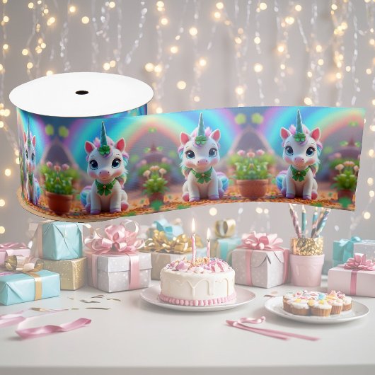 かわいいベビーユニコーンと虹、女の子の誕生日 サテンリボン