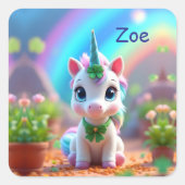 かわいいベビーユニコーンと虹、女の子の誕生日 スクエアシール (正面)