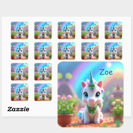 かわいいベビーユニコーンと虹、女の子の誕生日 スクエアシール