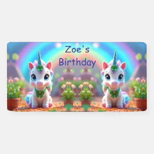 かわいいベビーユニコーンと虹、女の子の誕生日 横断幕 (横)