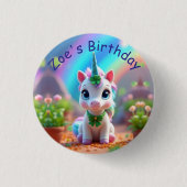 かわいいベビーユニコーンと虹、女の子の誕生日 缶バッジ (正面)