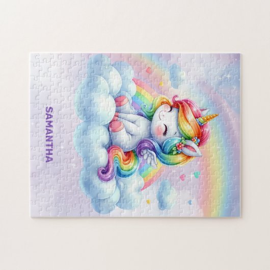 かわいいベビーユニコーンの雲と虹の上に座る ジグソーパズル (横)
