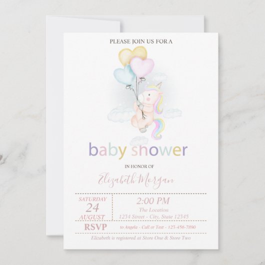 かわいいベビーユニコーンバルーン赤ちゃんシャワー 招待状 (正面)
