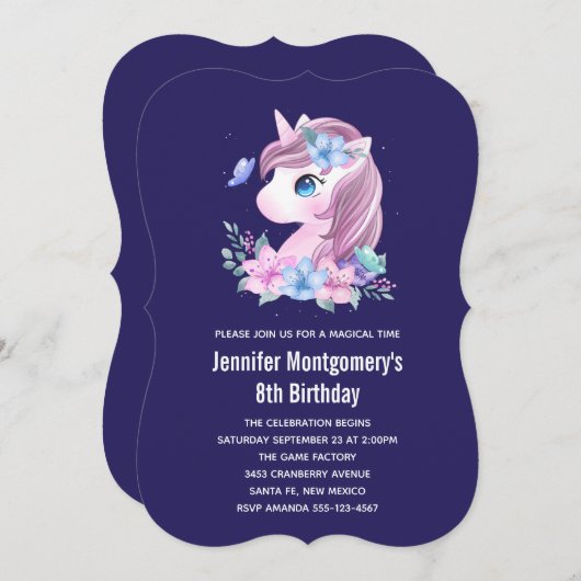 かわいいベビーユニコーンマジカルウォーター誕生日 招待状 (正面/裏面)