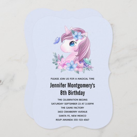 かわいいベビーユニコーンマジカルウォーター誕生日 招待状 (正面/裏面)
