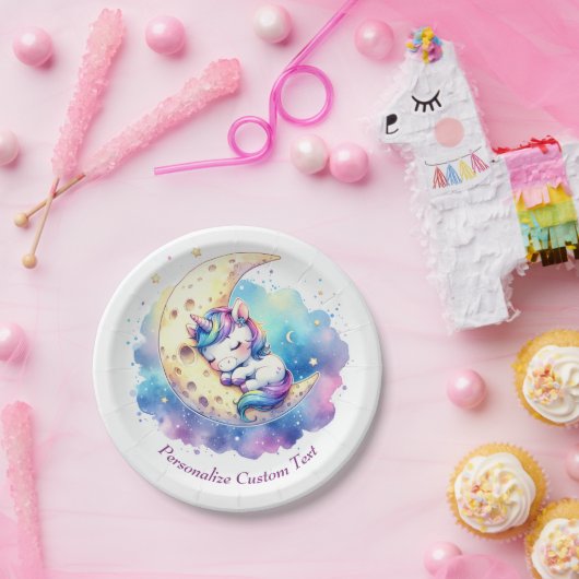 かわいいベビーユニコーン月に眠る ペーパープレート (パーティー)
