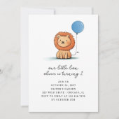 かわいいベビーライオンとブルーバルーン子供の誕生日 招待状 (正面)