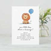 かわいいベビーライオンとブルーバルーン子供の誕生日 招待状 (スタンド正面)