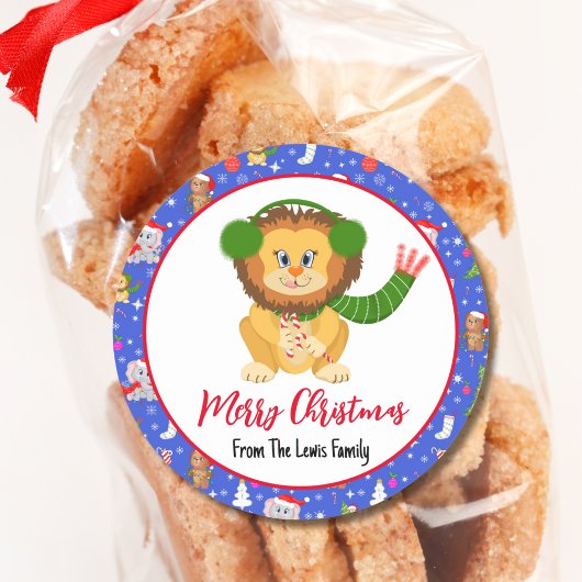 かわいいベビーライオンと動物園メリークリスマス ラウンドシール