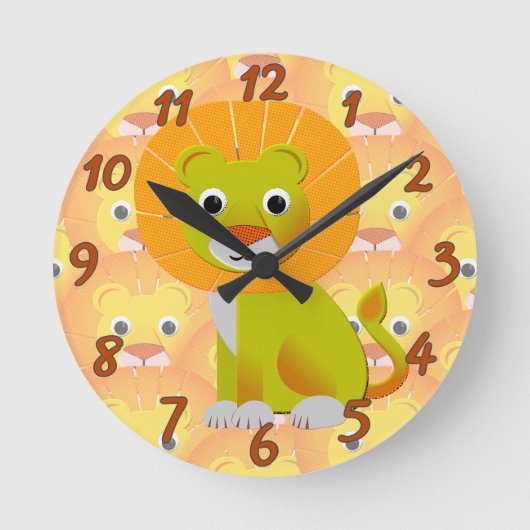 かわいいベビーライオンオールオーバーヴィンテージプリントパターン ラウンド壁時計 (正面)