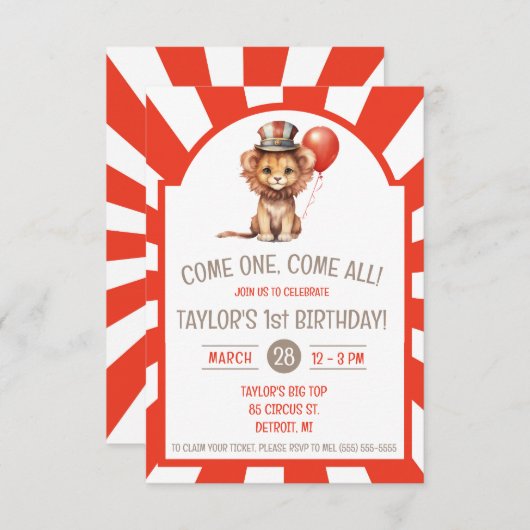 かわいいベビーライオンキューサーカスバースデーパーティー 招待状 (正面/裏面)