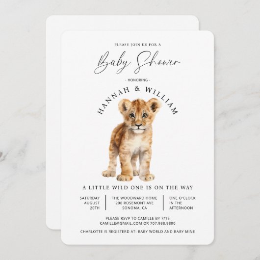 かわいいベビーライオンベビーシャワー男女兼用 招待状 (正面/裏面)