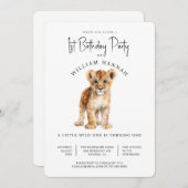 かわいいベビーライオンワイルドワン誕生日パーティー 招待状 (正面/裏面)