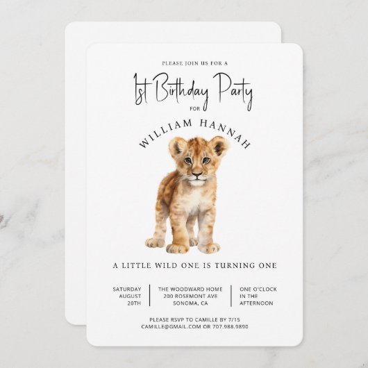 かわいいベビーライオンワイルドワン誕生日パーティー 招待状 (正面/裏面)