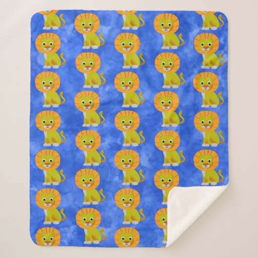 かわいいベビーライオンヴィンテージプリントパターンブルー シェルパブランケット (正面)