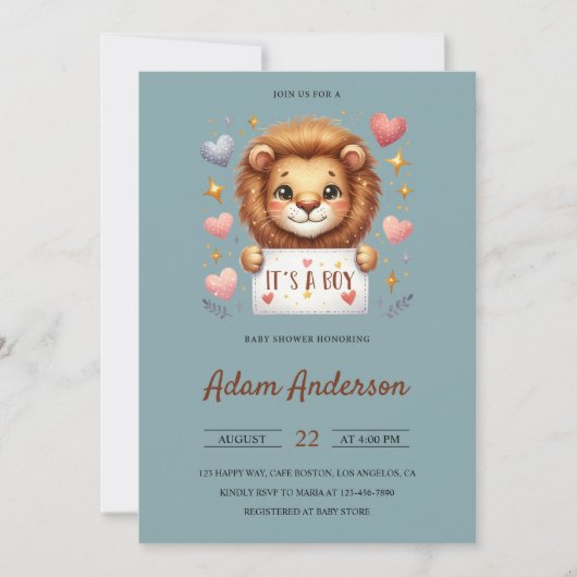 かわいいベビーライオン – 男の子サファリの赤ちゃんシャワー 招待状 (正面)