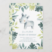 かわいいベビーライノセロストロピカルジャングル子供の誕生日 招待状 (正面/裏面)