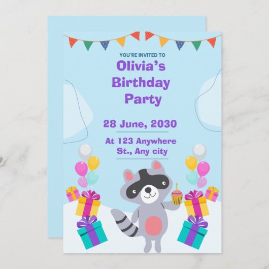 かわいいベビーラクーンバースデーパーティーの招待状 | ウッド 招待状 (正面/裏面)