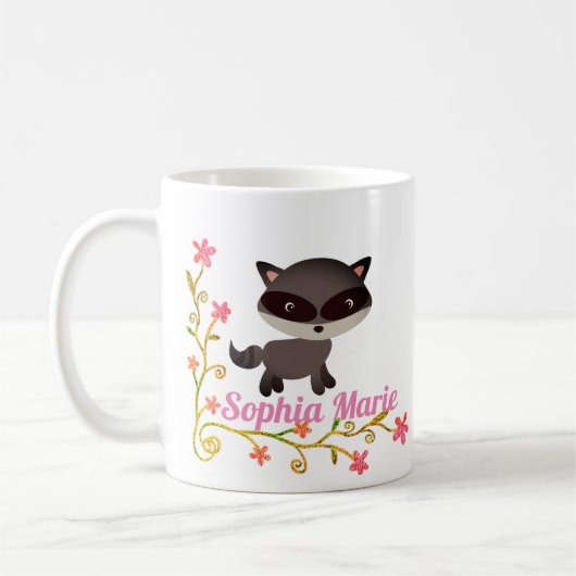 かわいいベビーラクーン（花つき） コーヒーマグカップ (左)
