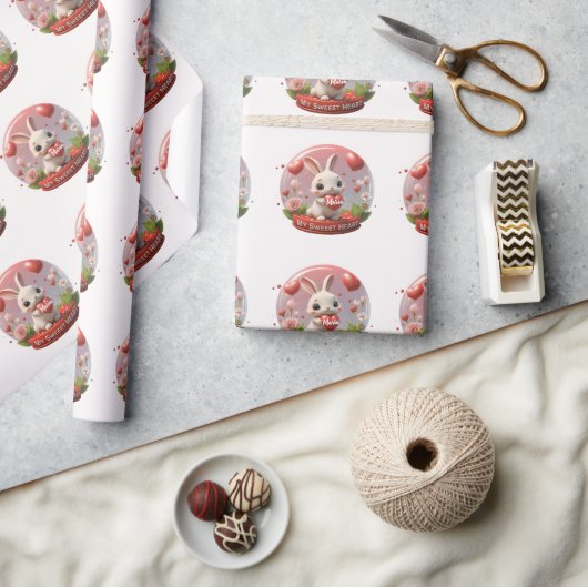 かわいいベビーラビットバレンタインハートラッピング紙 ラッピングペーパー (クラフト)