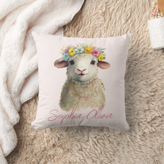 かわいいベビーラムファーム動物の水の色をパーソナライズ クッション (ブランケット)