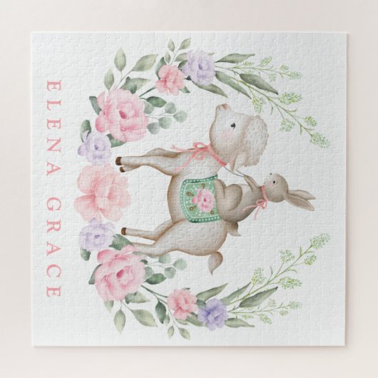 かわいいベビーラム&バニーフローラグリーンリーイースターギフト ジグソーパズル (横)