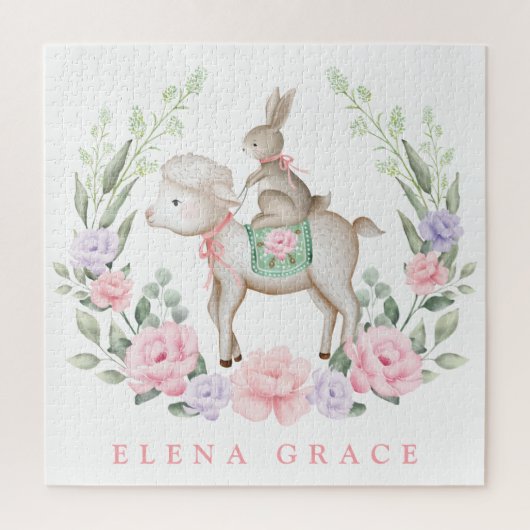 かわいいベビーラム&バニーフローラグリーンリーイースターギフト ジグソーパズル (縦)