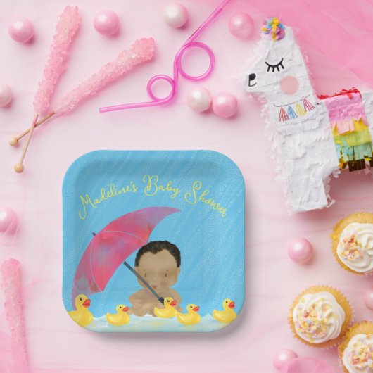 かわいいベビーレインゴムダッキー（アヒルちゃん）の傘ベビーシャワー ペーパープレート (パーティー)