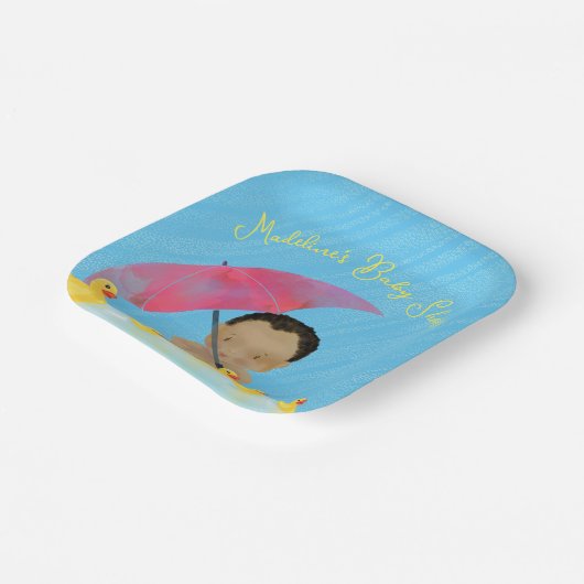 かわいいベビーレインゴムダッキー（アヒルちゃん）の傘ベビーシャワー ペーパープレート (傾斜あり)