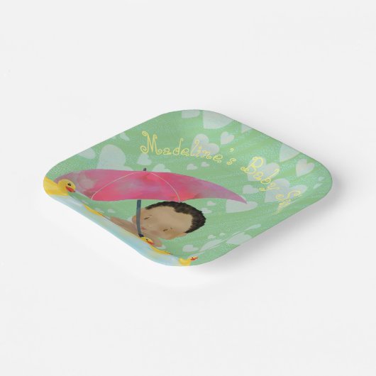 かわいいベビーレインゴムダッキー（アヒルちゃん）の傘ベビーシャワー ペーパープレート (傾斜あり)