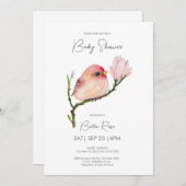 かわいいベビーレッドポールバードベイビーシャワー 招待状 (正面/裏面)