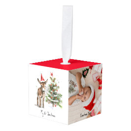 かわいいベビーロバとクリスマスツリー、カスタマイズ可能 キューブオーナメント