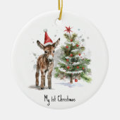 かわいいベビーロバとクリスマスツリー、カスタマイズ可能 セラミックオーナメント (正面)
