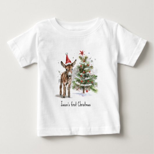 かわいいベビーロバとクリスマスツリー、カスタマイズ可能 ベビーTシャツ (正面)