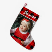 かわいいベビー写真と名前のPlaid スモールクリスマスストッキング (正面 (吊り時))
