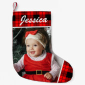 かわいいベビー写真と名前のPlaid スモールクリスマスストッキング (正面)
