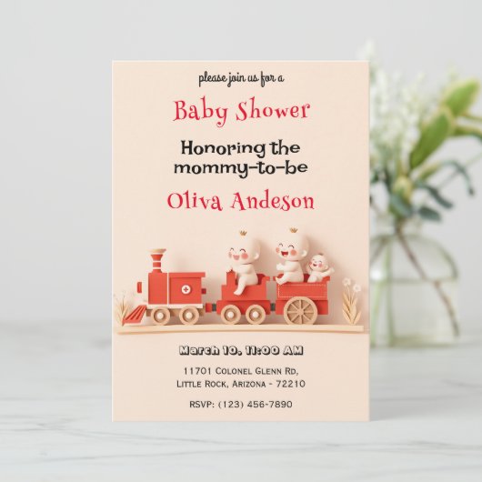 かわいいベビー列車ベビーシャワーカード 招待状 (スタンド正面)