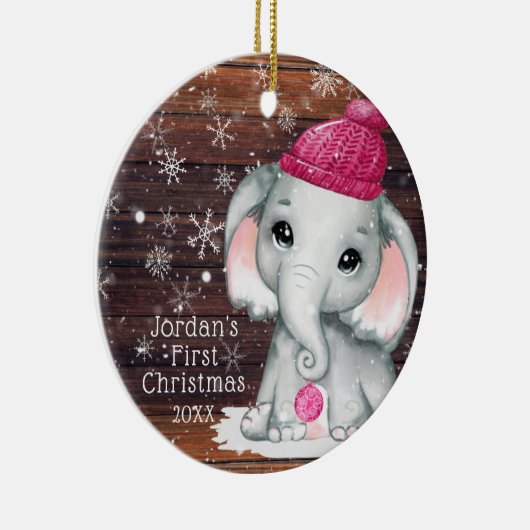 かわいいベビー初めてのクリスマスピンクエレファントウッドスノー セラミックオーナメント (右)