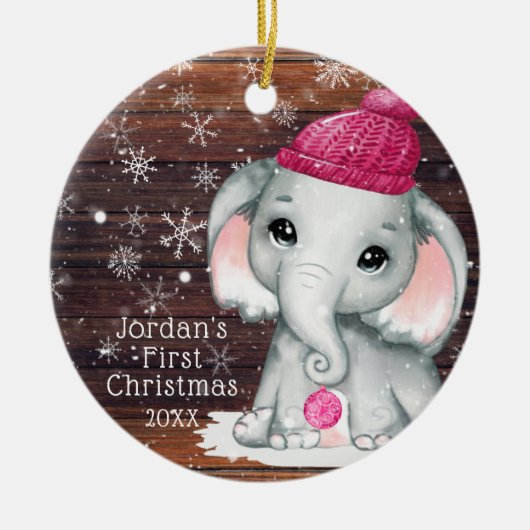 かわいいベビー初めてのクリスマスピンクエレファントウッドスノー セラミックオーナメント (正面)