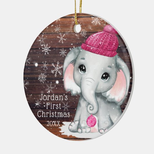 かわいいベビー初めてのクリスマスピンクエレファントウッドスノー セラミックオーナメント (左)