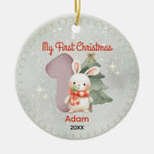 かわいいベビー初めてのクリスマス白うさぎ セラミックオーナメント (正面)