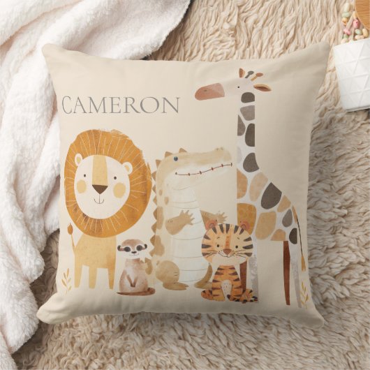 かわいいベビー動物園の動物名前をカスタムするベージュ クッション (ブランケット)