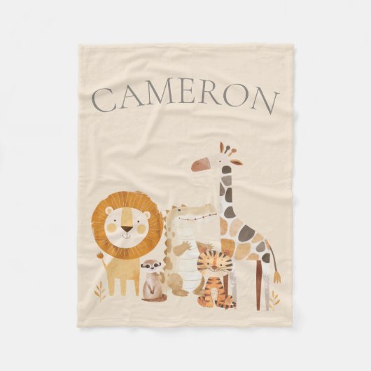 かわいいベビー動物園の動物名前をカスタムするベージュ フリースブランケット (正面)