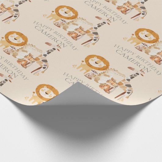 かわいいベビー動物園の動物名前をカスタムするベージュ ラッピングペーパー (角)