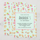 かわいいベビー動物模様の誕生日 招待状 (正面/裏面)