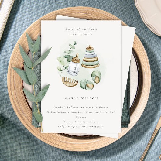 かわいいベビー子供部屋エッセンシャルグリーンベビーシャワー 招待状
