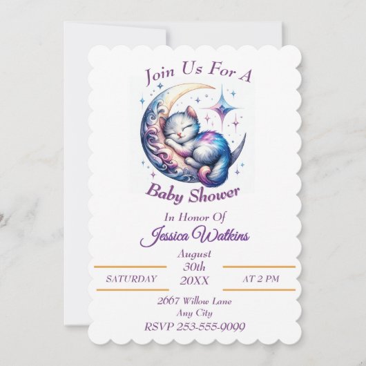 かわいいベビー子猫が半月に寝る 招待状 (正面)