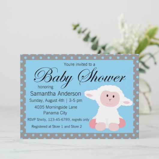 かわいいベビー子羊と水玉模様ベビーシャワー 招待状 (スタンド正面)